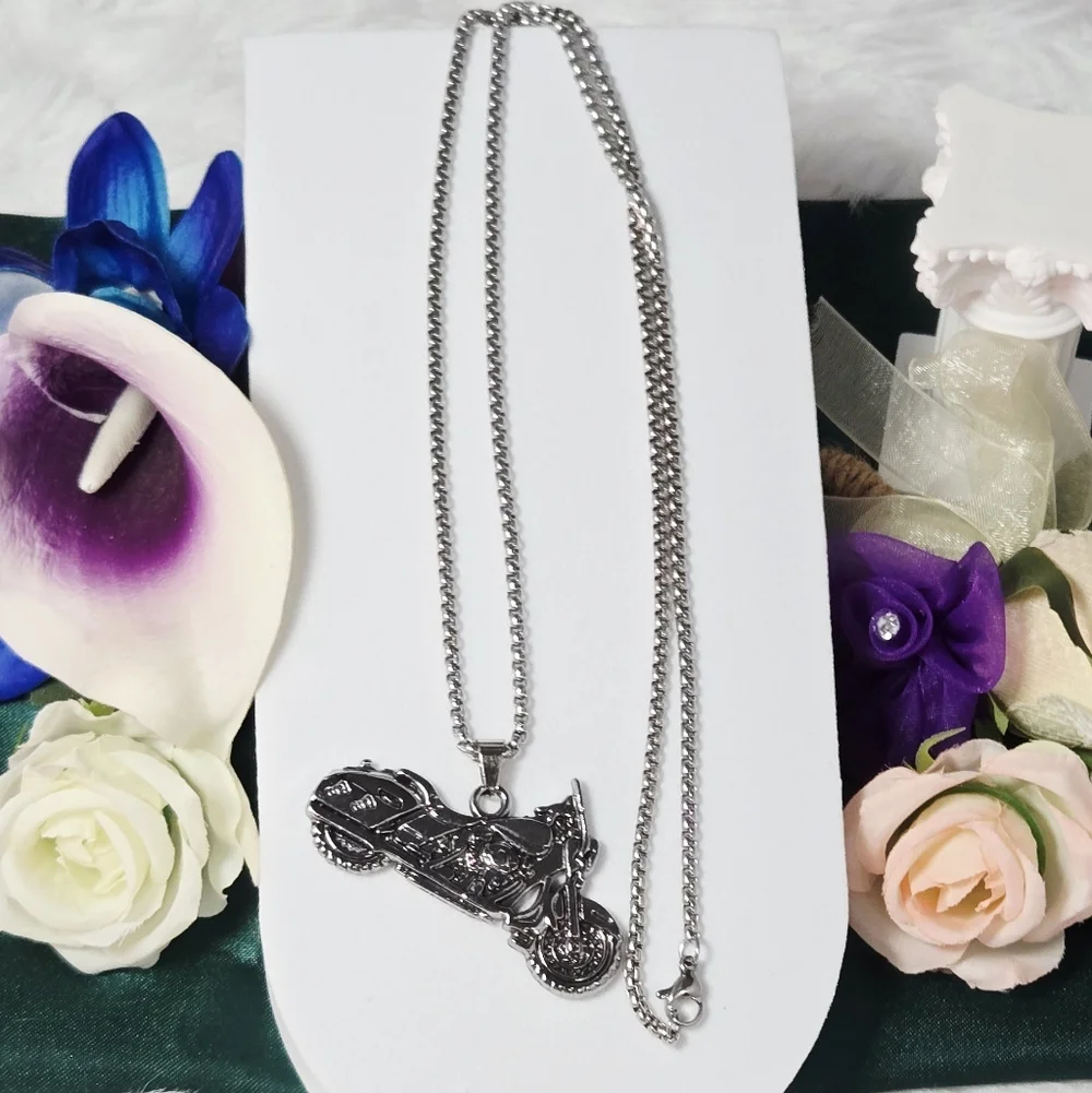 Silver Motorcycle Pendant Necklace 24” Stainless Steel Chain Edgy Biker Gift